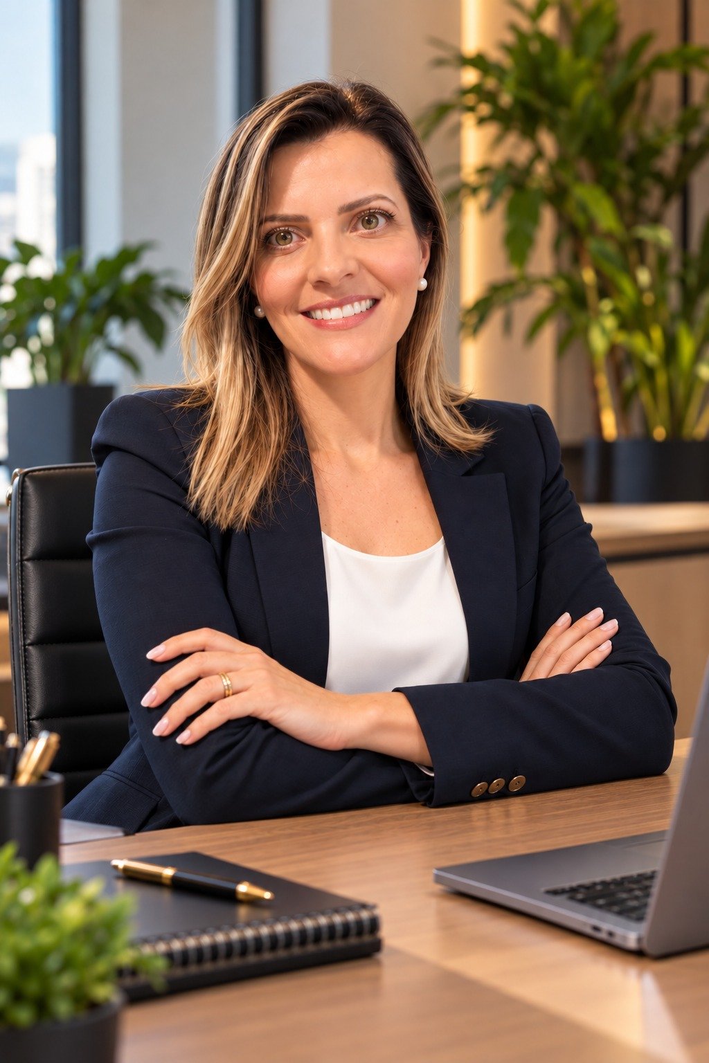 Vanessa Mariani, fundadora da Mariani Consultoria Empresarial, sentada em um escritório.